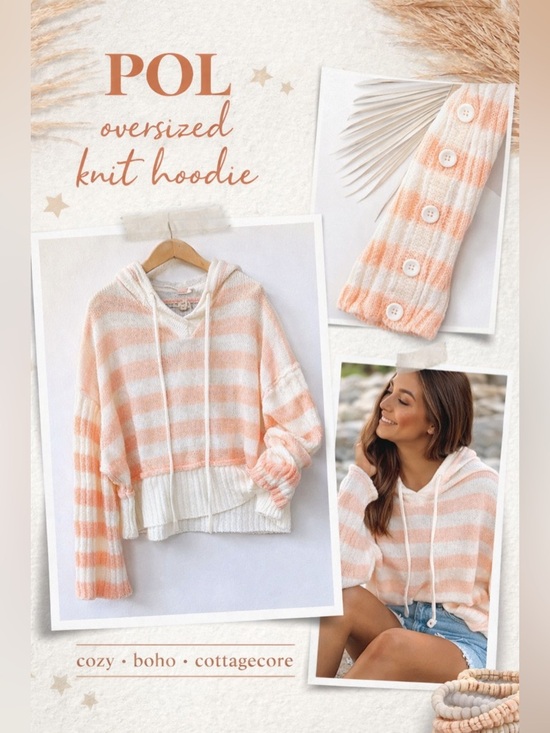 POL Tops - POL Striped Knit Hoodie Oversized Peach Cream Button Sleeve Sweater Size S
